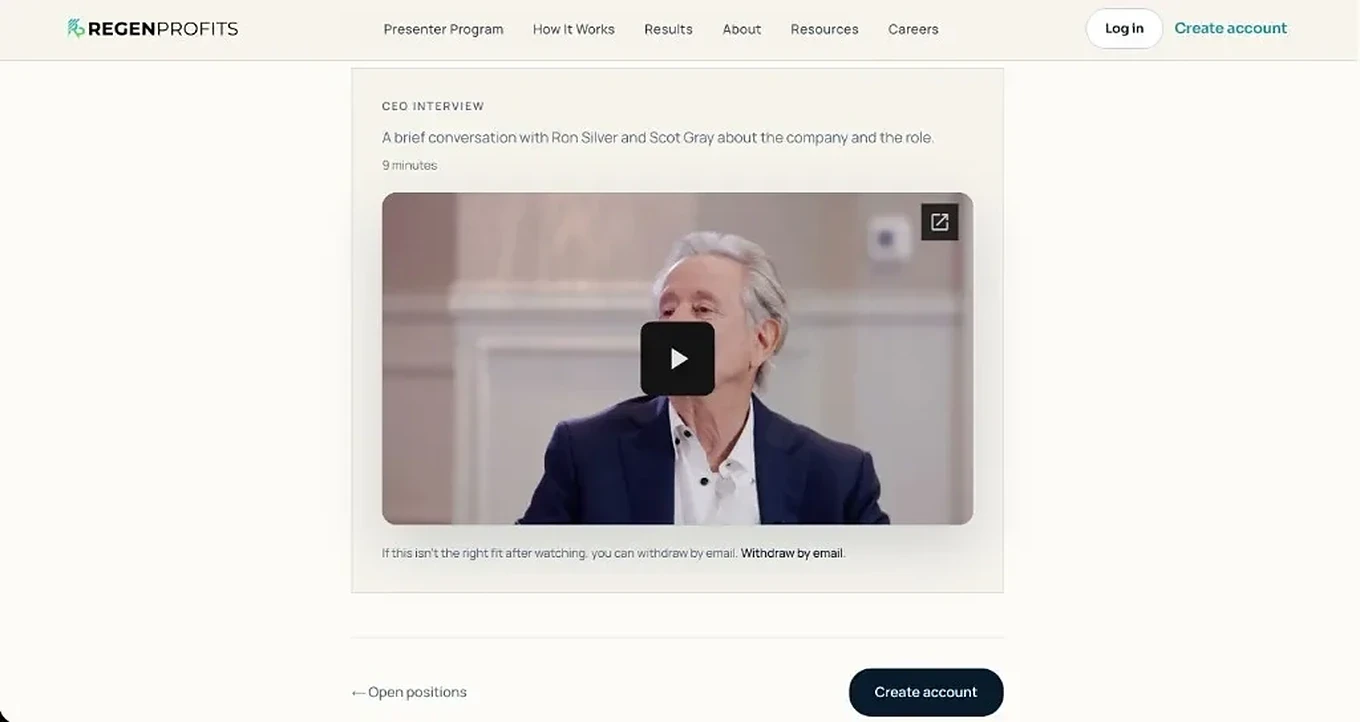 Presenter application step in the Regen Profits portal with a short leadership interview video
