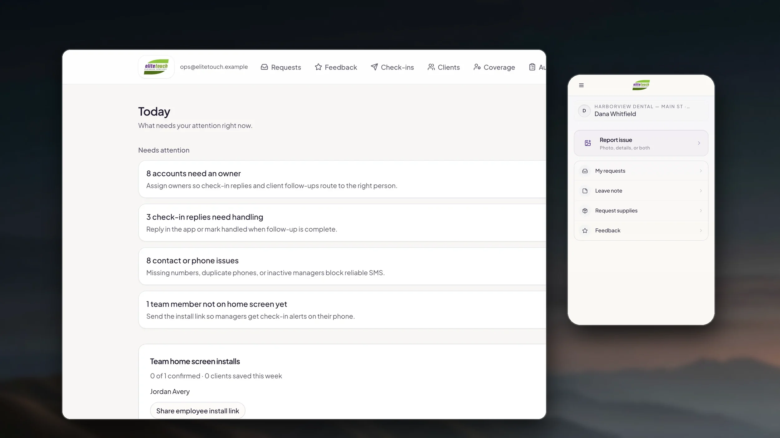 Elite Touch Cleaning operations portal built by Dorvell: the inbound request queue and the client phone view, shown with sample data