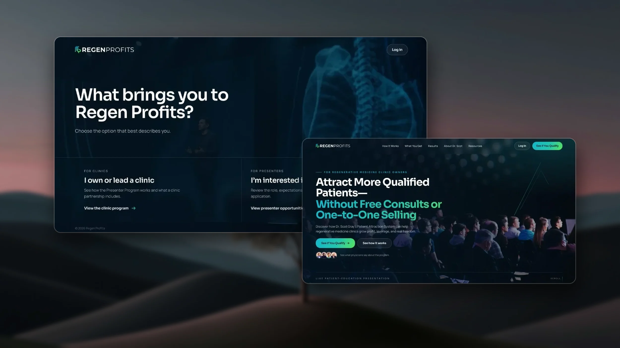 Regen Profits website built by Dorvell: a gateway page for clinic owners and presenter candidates, and the clinic program page