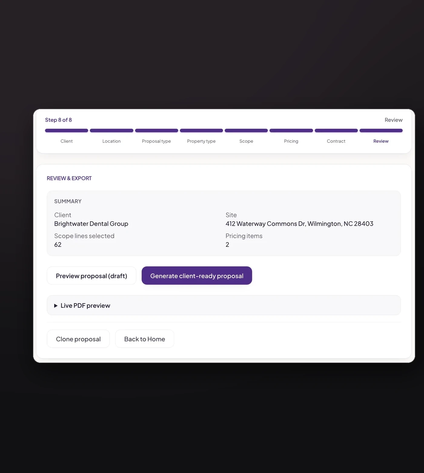 Elite Touch proposal tool on the review step, ready to generate a client-ready proposal